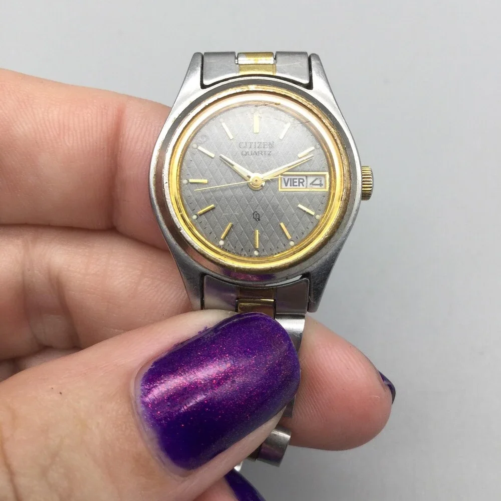 Vintage Citizen Womens Watch 24mm Gray Dial Two Tone Day Date New Battery 7.5